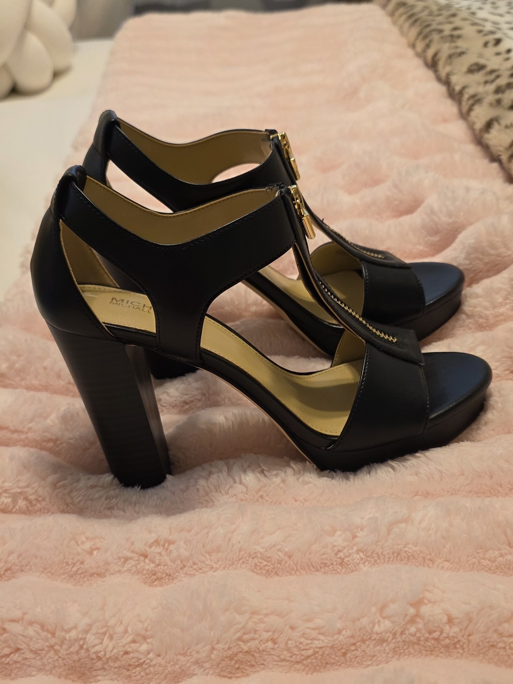 Michael Kors Black Sandal Heels with Gold Zipper Accent - Picture 2 of 4